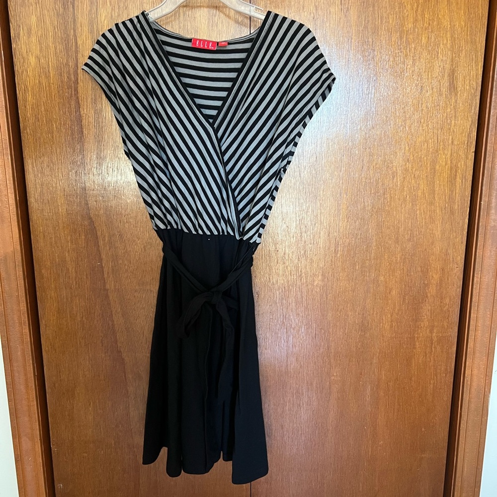 Elle Black and Gray Striped Midi Dress